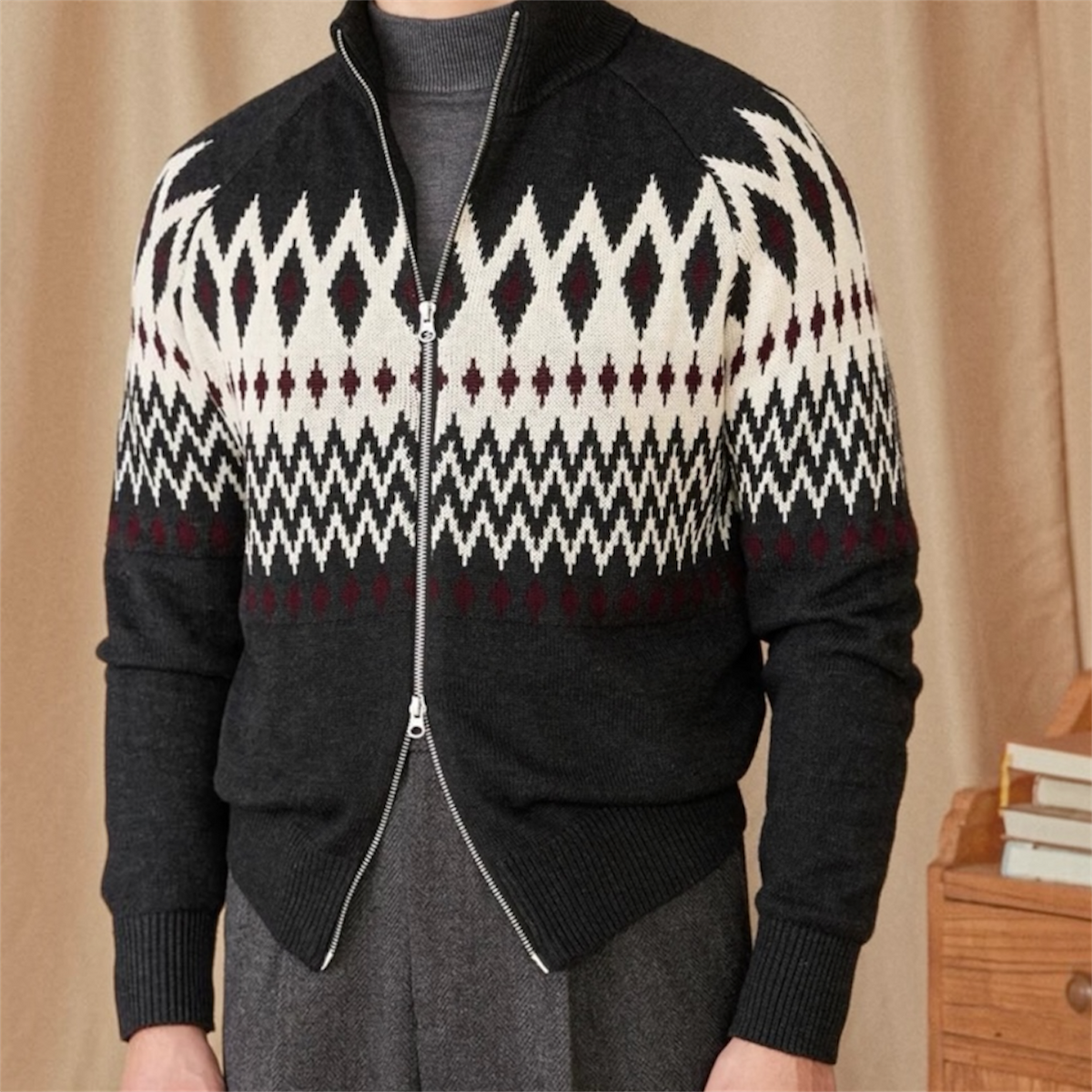 Patterned Zip-Up Cardigan